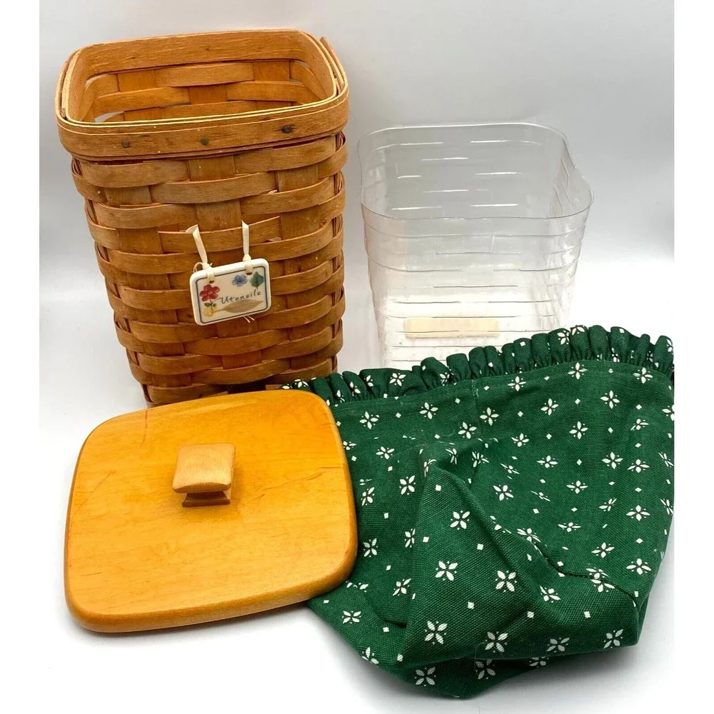 Longaberger Baskets Green Liner Protector Wooden Lid Basket 9